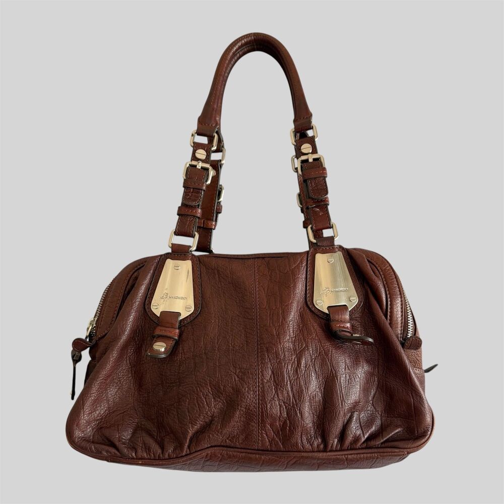 Vtg B Makowsky Y2K Slouchy Leather Bag Bauletto Moto Satchel Brown Silver 2010s